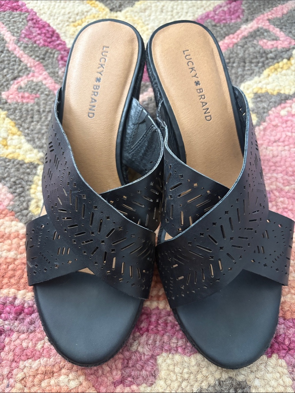 Lucky Brand Black Perforated Crossover Slide Mules